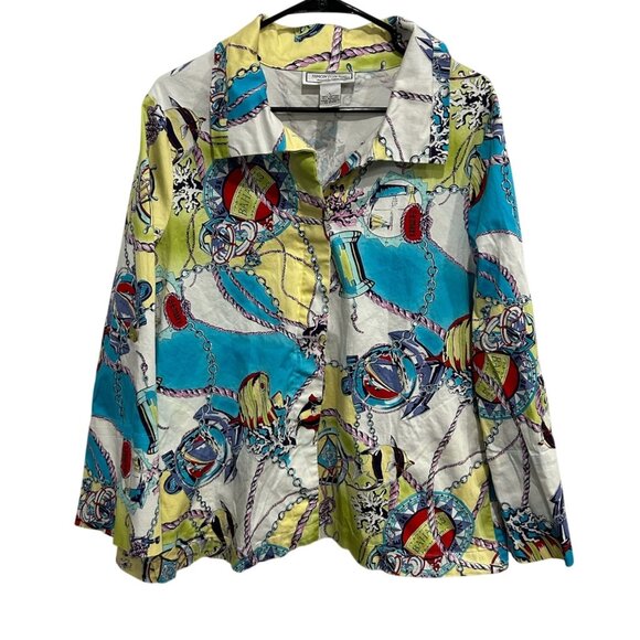 Simonton Says Multicolor Nautical Print Button Down Shirt Size L Stretchy - Picture 1 of 10